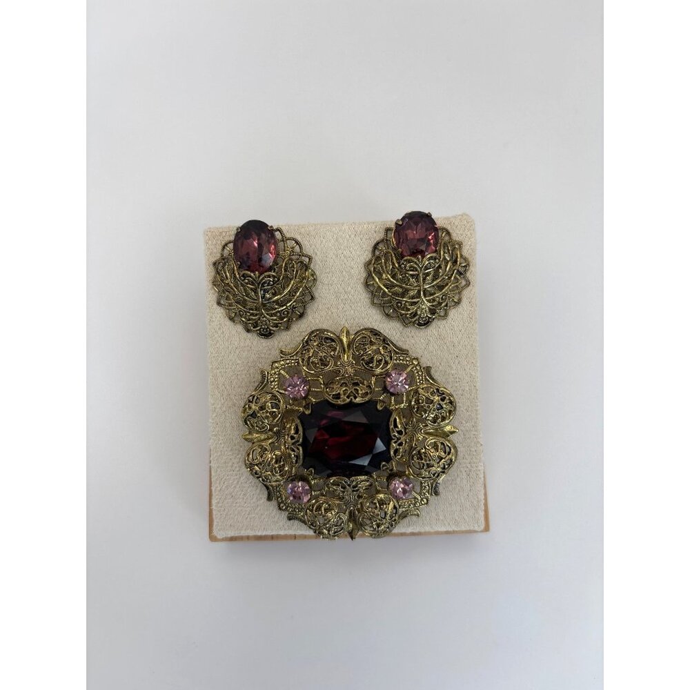 Vintage Gold Tone Filigree Brooch Earrings Purple Glass Stone Rhinestone Accents
